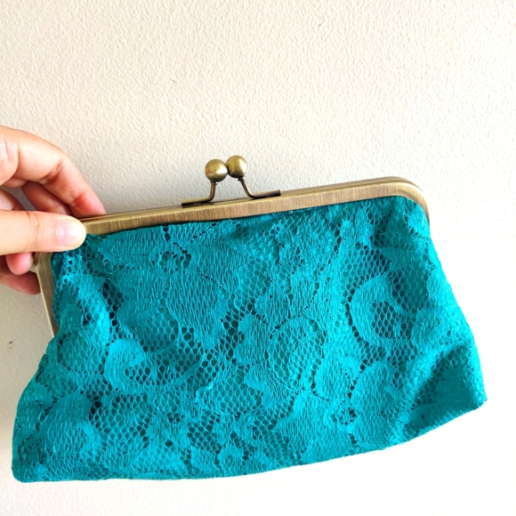 Handbags - VINTAGE|| Turquoise LACE clutch purse with contrast orange interior